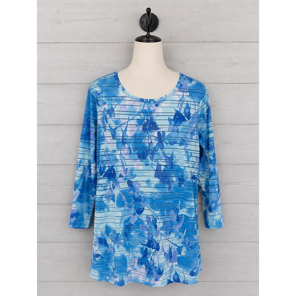 Susan Graver Passport Shadow Stripe Bateau Neck Tunic Top Blue Floral Size L